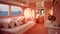 Interior of an elegant sloop rigged yacht. Wooden furniture, decoration. Transportation, nautical vessel, past, history