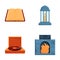 Interior element icons set cartoon vector. Fireplace turntable and open book