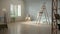 Interior of an empty apartment during renovation. A stepladder, stacks of cardboard boxes on the floor, rolls of