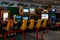 Interior of an empty darkened amusement arcade hall