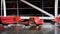 Interior Empty departure lounge Passenger seat row of red chair waiting area at airport in night time, travel trip journey holiday