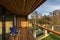 Interior of empty hall veranda in wooden village vacation home