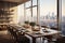 Interior of empty restaurant dinning hall in the midtown New York City Manhattan. Skyline buildings from high rise