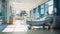 Interior of empty ward in modern hospital. Recovery room with bed and complex medical equipment. Clean and comfortable