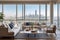 The interior of expensive apartments with panoramic windows and a view of the metropolis