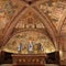 Interior Famous Basilica of St. Francis of Assisi Basilica Papale di San Francesco with Lower Plaza at sunset in Assisi, Umbria,