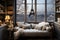 Interior of a French apartment overlooking the Eiffel Tower, winter evening in Paris.