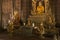 Interior with golden main Buddha, Shwe in bin Kyaung temple, Mandalay, Burma