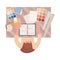 Interior or graphic designer at work vector flat top view illustration. Designer, creative worker at workplace.