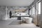 Interior of gray tile bathroom with sink and tub