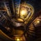 Interior of historical big bookshelf with stairs. Wooden stairs in library. Generative AI