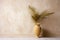 interior home design conceptual sunlight vase beige shadows concrete wall decor. Generative AI.