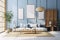 interior home room living modern design sofa blue apartment furniture wall. Generative AI.