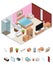 Interior Hotel Room Isometric View. Vector