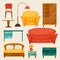 Interior icon set with furniture in retro style