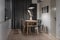 Interior of illuminated modern kitchen with white walls