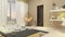 Interior illustration rendering of bedroom dressing bathroom drawing room living room kitchen