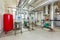 Interior of an industrial boiler room, automatic control panel with many sensors, indicators and valves