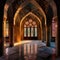 Interior of a Islamic mosque, decorated walls and pillars inside the masjid, Generative AI