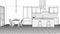 The interior of the kitchen in a private house. Linear sketch of the interior.