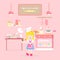 The interior kitchen room homemade bakery,girl with apron,furniture and kitchenware oven, shelf, machine in pink theme background