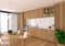 Interior of a kitchen seen from the front. Luminous image. Wooden floor, white furniture, marble counter tops and a wainscoting on