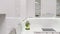 Interior of a kitchen set with shelves and a sink with a stove. Modern white kitchen set close-up.