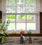 Interior Kitchen Window with three Faux Decorative Pumpkins and view of yard