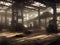 The interior of a large derelict deserted old mill with light from the broken windows reflected on the wooden floor.