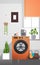 Interior of laundry room with washing machine electric washer home appliance concept vertical