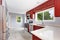 Interior of lavender kitchen with burgundy cabinets