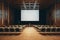 Interior of a lecture hall with rows of chairs and tables. 3d rendering