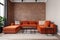 interior living decor simple sofa modern carpet floor light lounge render lifestyle terracotta. Generative AI.