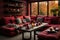 The interior of the living room with a burgundy sofa and a dining table