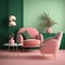 Interior of living room with coffee tables and green fabric armchair, pink wall.