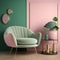 Interior of living room with coffee tables and green fabric armchair, pink wall. Home design. 3d rendering