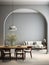 Interior of living room with gray wall and arched doorway to the modern dining room, wooden table and chair