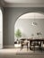 Interior of living room with gray wall and arched doorway to the modern dining room, wooden table and chair