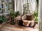 Interior of a living room with houseplants, greenery, and a hanging handmade macrame rope swing. Location for a