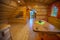 Interior of log cabin accommodation at a glamping site at Lake Bloke in Nova Vas, Slovenia