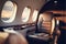 Interior of luxurious private jet with leather seats. Generative Ai