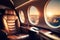 Interior of luxurious private jet with leather seats. Generative Ai