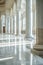 Interior of luxury lobby of commercial building or museum, vertical view of clean shiny floor in hallway after professional care.