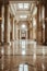 Interior of luxury lobby of office or museum, vertical view of clean shiny floor in commercial building hall after professional