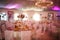 Interior of a luxury white wedding tent decoration ready for guests