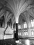 Interior of Malbork Castle, aka Marienburg, central pillar and radial vault ceiling in Summer Refectory, Pomerania