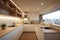 Interior of minimal modern decor style kitchen with shelves, counter bar and cook zone, Home dinning room with contemporary design