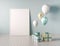 Interior mock up scene with blue and gold gift boxes and balloons. Realistic glossy 3d objects for birthday party or promo posters