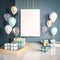 Interior mock up scene with blue and gold gift boxes and balloons. Realistic glossy 3d objects for birthday party or promo posters