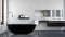 Interior of modern bathroom with black bathtub